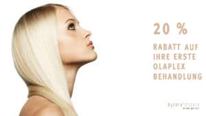 Profil einer Frau mit langen blonden Haaren links. Rechts steht „20 % Rabatt auf Ihre erste Olaplex-Behandlung“. Das Logo unten rechts lautet „myconafriseure“. Weißer Hintergrund.
