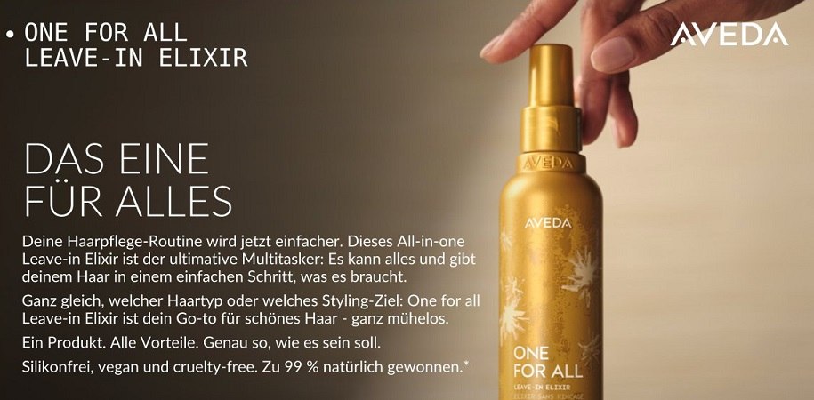 Aveda-Haarpflegeprodukte vor hellem Hintergrund. Das Set enthält ein Kopfhaut-Revitalisierendes Spray, eine verdickende Spülung und ein Peeling-Shampoo. Die Verpackung besteht aus schwarzen Flaschen, rechts befindet sich eine grün-violette Geschenkbox mit Blattmotiven.